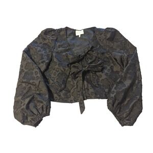 Anthropologie Mable Large Black Floral Jacquard Tie Front Cropped Cardigan Shirt